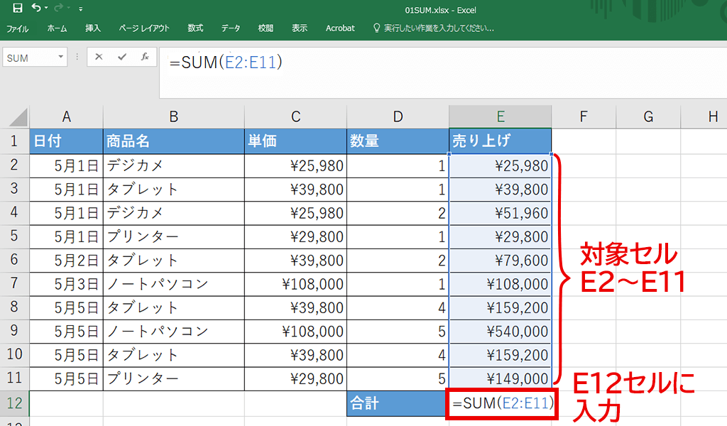 「=SUM(E2:E11)」を記載しているキャプチャ