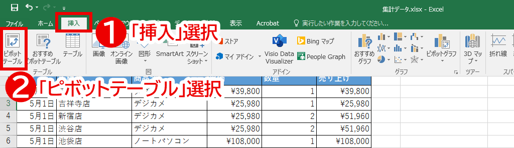 ピボットテーブル挿入方法